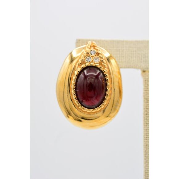 Givenchy Vintage Big Cabochon Clip On Earrings Red Gold Chunky Signed 1980s Bin1 - Picture 6 of 12